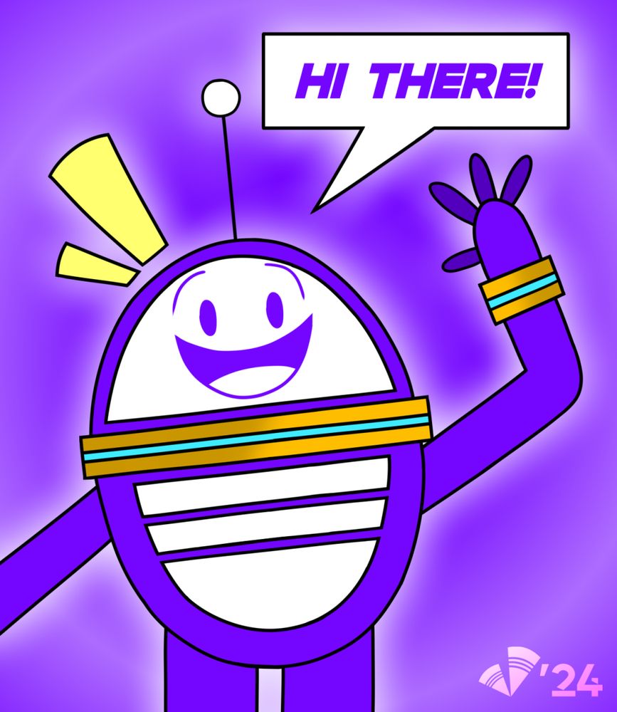 A drawing of Galax doing a friendly greeting with a rectangular speech bubble saying "HI THERE!" in purple text. They are all in a white shadow inside of a purple radical gradient.