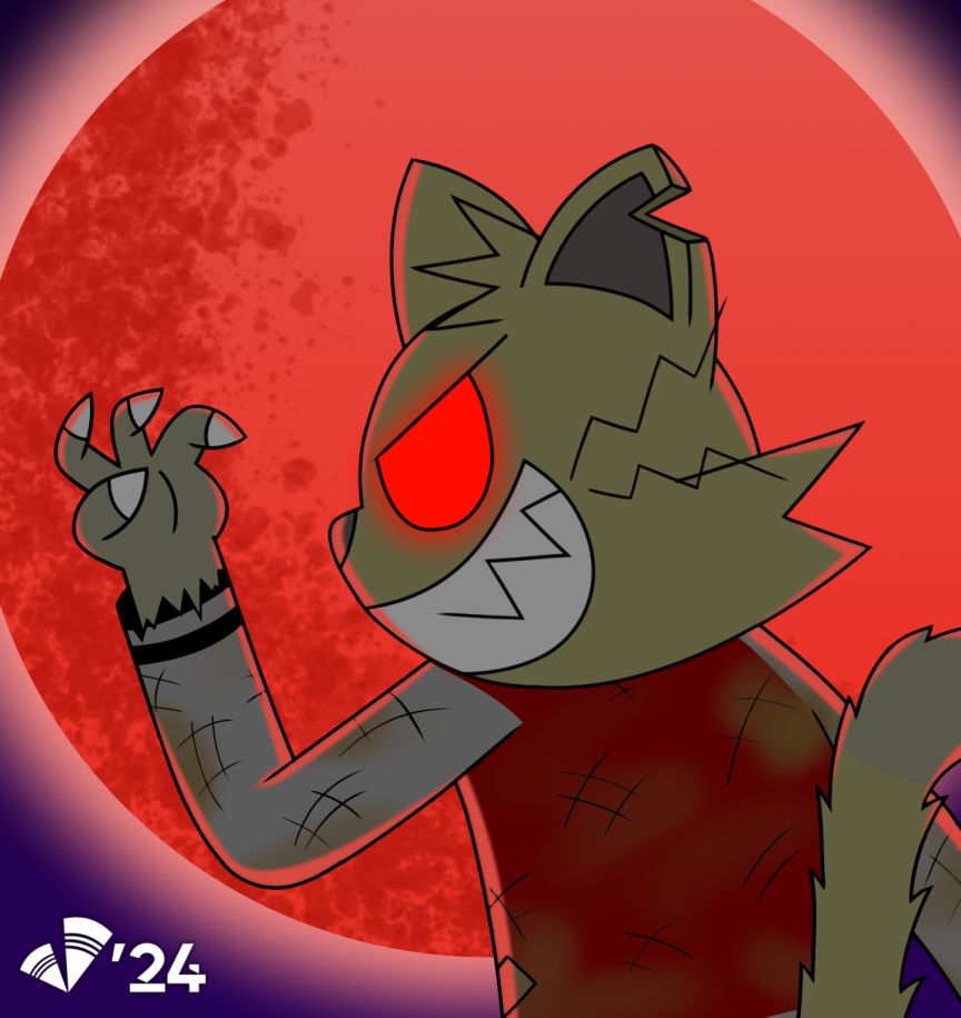 A Halloween drawing of Gizmo in werecat form in front of a blood moon in a dark background.