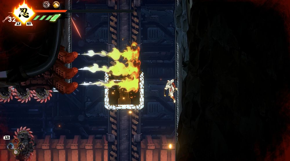 a screenshot of Shinobi: Art of Vengeance showing a box, some flamethrowers and Joe sliding on a wall