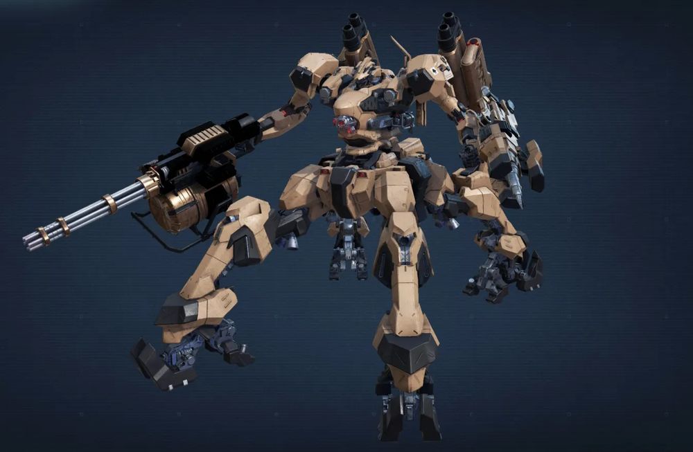 A screenshot of Armored Core 6 showing an AC built out of parts found in the Nightfall and Liger Tail model kits.