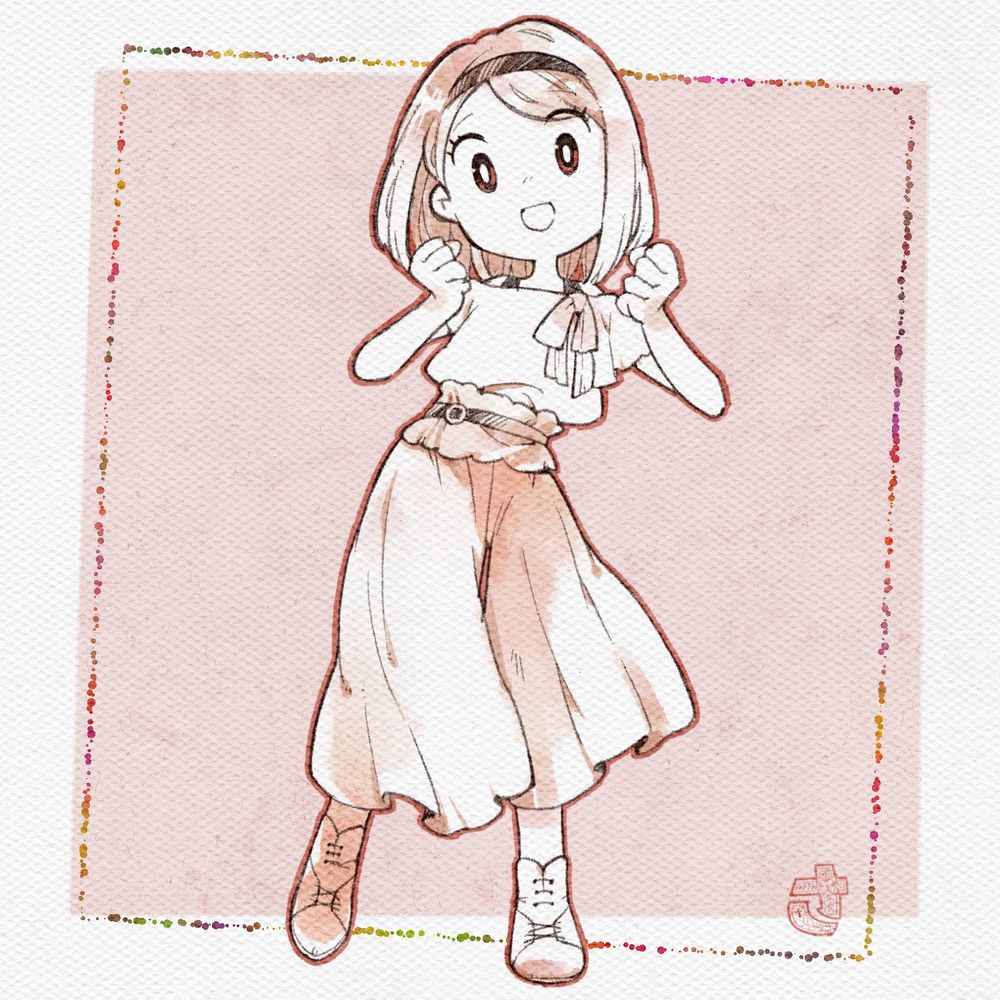 小学生の女の子のイラスト。
肩までのストレートヘア。カチューシャをしている。
トップスは肩出し。ボトムスはロングのワイドパンツ。