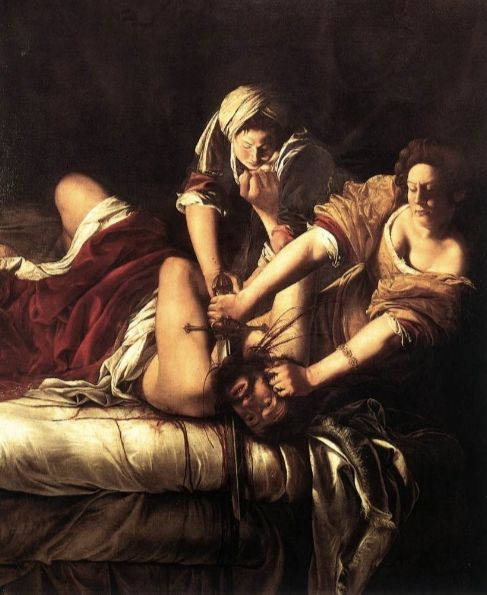 Painting, Judith Slaying Holofernes, by Artemisia Gentileschi, c. 1620

The painting depicts a determined-looking woman using a sword to behead a bearded man on a bed. Next to her, another woman, her maid, is assisting by holding the man down. He is pushing an arm up against the maid as he struggles. Blood is spurting out from his neck and pools under his back. For background on the painting, go to: https://artincontext.org/judith-slaying-holofernes-by-artemisia-gentileschi/