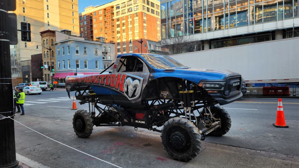 A monster truck, except the huge tires have been taken off and replaced with normal-sized ones.