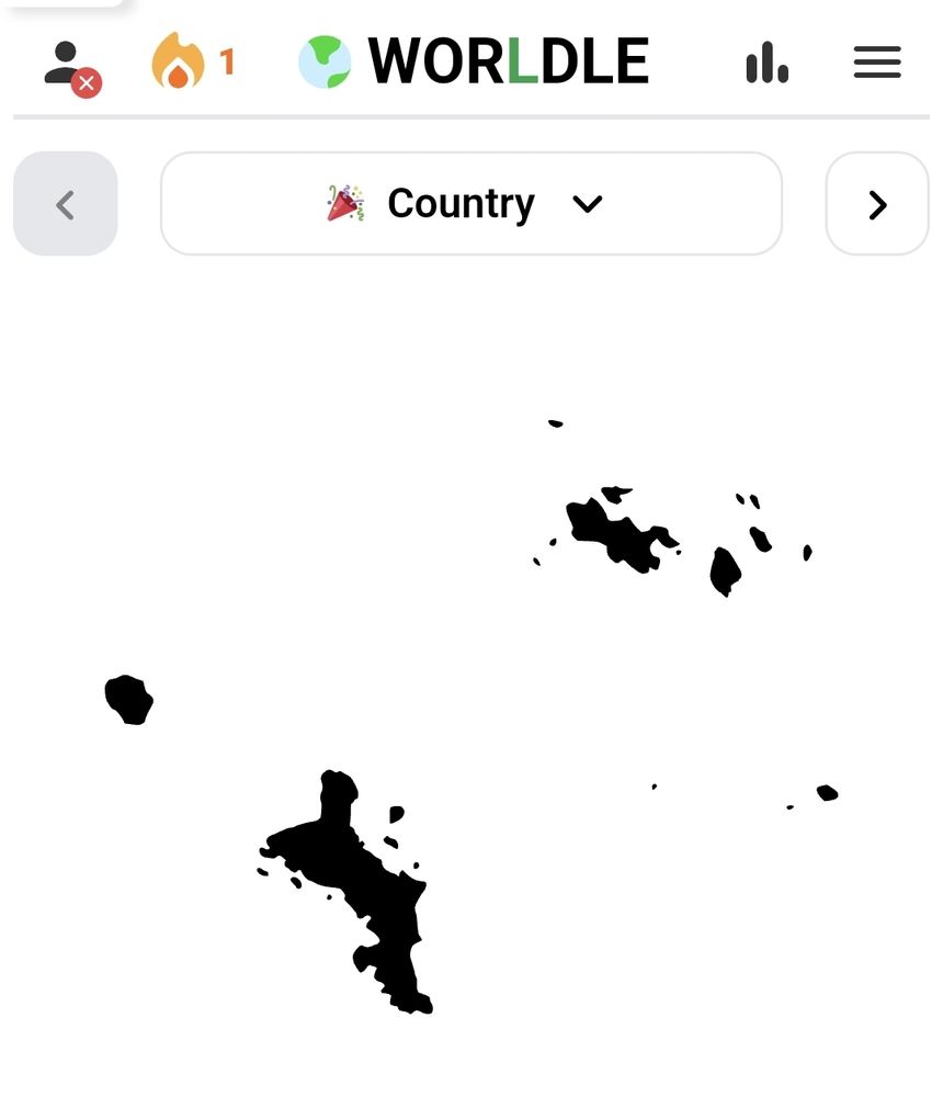A screenshot of today's Worldle game which consists of a smattering of islands. (Worldle is the daily online game where you guess the country by its shape).