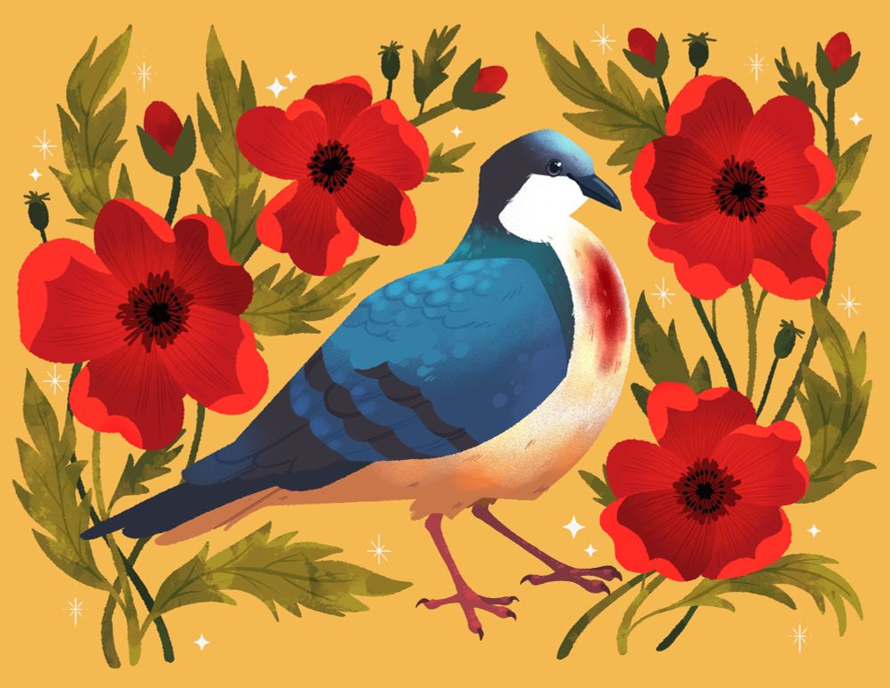A bleeding hreat dove surrounded by poppies on a bright yellow background 