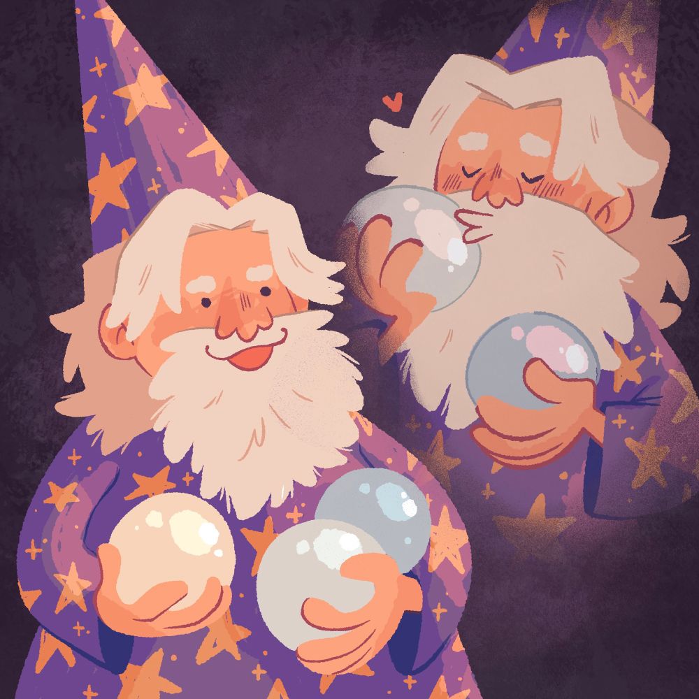 A wizard and his orb family a reference to the 80/90 family mall photos with a slight faded image of him giving his orbs a kiss