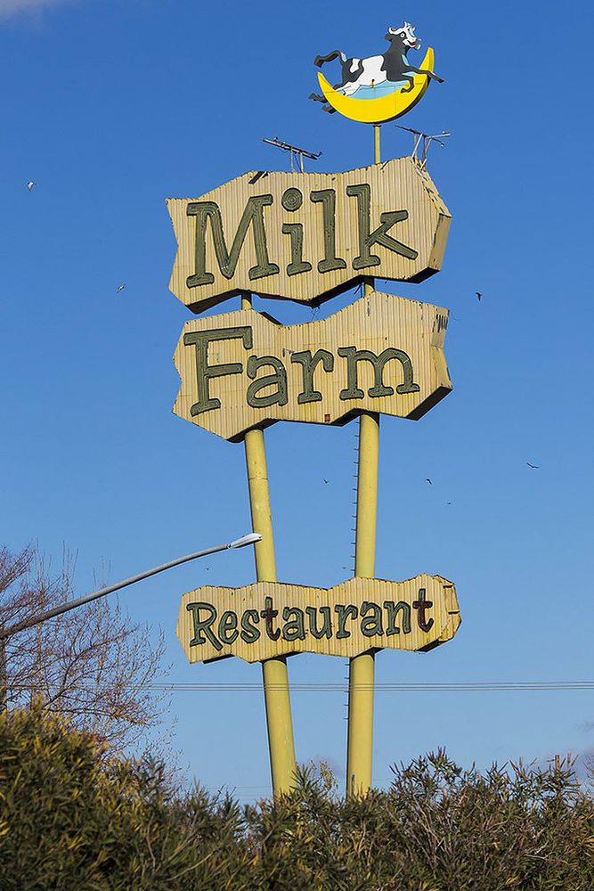 The sign for the now closed Milk Farm restaurant visible from I-80 in California in Dixon. It has imagery which references the line, "the cow jumped over the moon," from the old Cat & the Fiddle nursery rhyme.