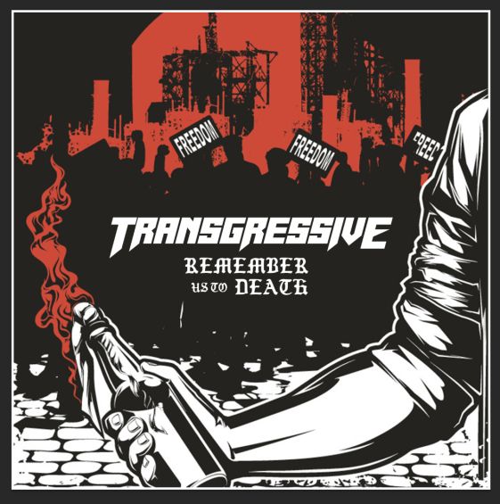 an EP cover w/ art by Andrew Krasnoff featuring a background of a red and black cityscape with people protesting holding signs that say 'freedom' -- the bottom is lined with a white brick wall and a large black/white arm is in the frame holding a molotov cocktail as the center piece. The band's logo and EP title are stylized in the space in the middle