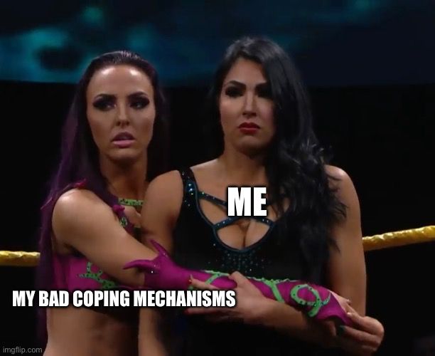 A photo of Peyton Royce hugging Billie Kay from the side. Peyton is captioned with the phrase “My bad coping mechanisms” and Billie is captioned with the identifier “Me”
