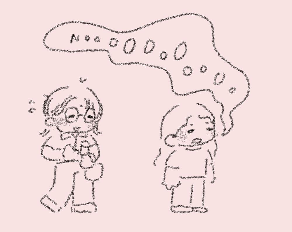doodle of me smile/laugh-ing while walking behind a student who's going NoooOOoOoOo"