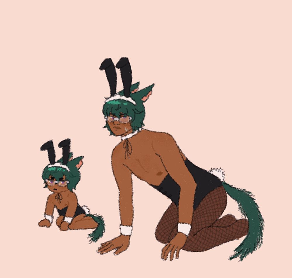 Two drawings of Koana from FFXIV, one is a chibi and the other is more realistic but stylized. Both drawings show him with a pouty expression and furrowed brows while wearing bunny ears, a frilly white choker with a ribbon, a black corset similar to a bunny suit, and a white bunny tail. The realistic style shows him in fishnet stockings.