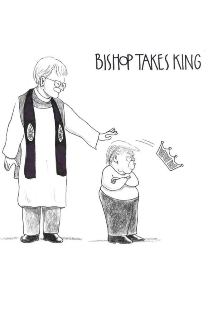 Cartoon of Washington DC Bishop knocking the “king” crown off of a child, pouting, Trump. 