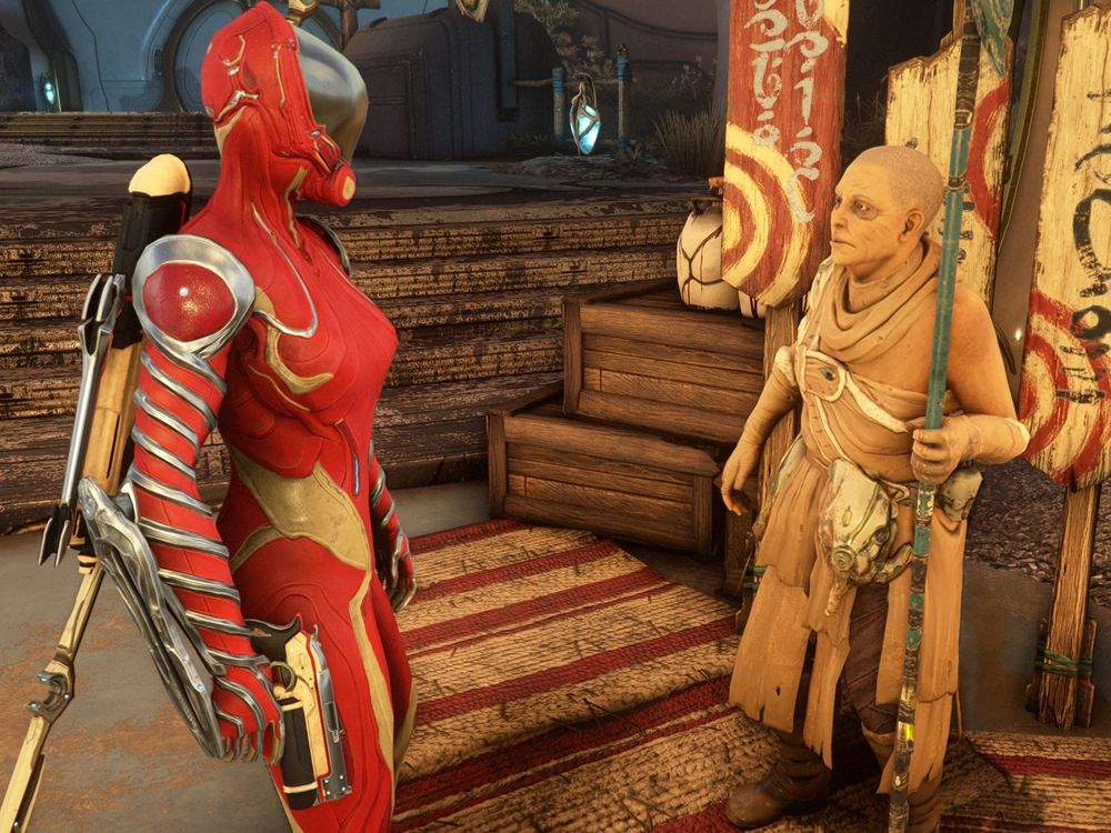 Warframe screenshot. My robot-esque Warframe chats with a weathered old man about deeds that need doing.
