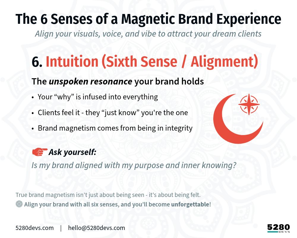 The 6 Senses of a Magnetic Brand Experience
 Align your visuals, voice, and vibe to attract your dream clients

[Deep Red icon] 6. Intuition (Sixth Sense / Alignment)
The unspoken resonance your brand holds
* Your “why” is infused into everything
* Clients feel it - they “just know” you're the one
* Brand magnetism comes from being in integrity 
Ask yourself: Is your brand aligned with your purpose and inner knowing?

True brand magnetism isn't just about being seen - it's about being felt. 
- Align your brand with all six senses, and you’ll become unforgettable.

5280Devs.com     |     hello@5280Devs.com