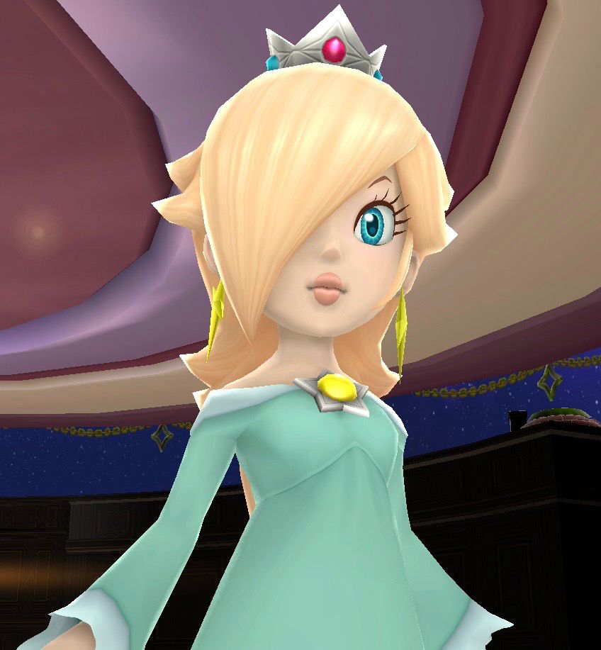 Screenshot from Super Mario Galaxy 1 on Nintendo Switch 2 chopped up close shot of Rosalina in the Comet Observatory