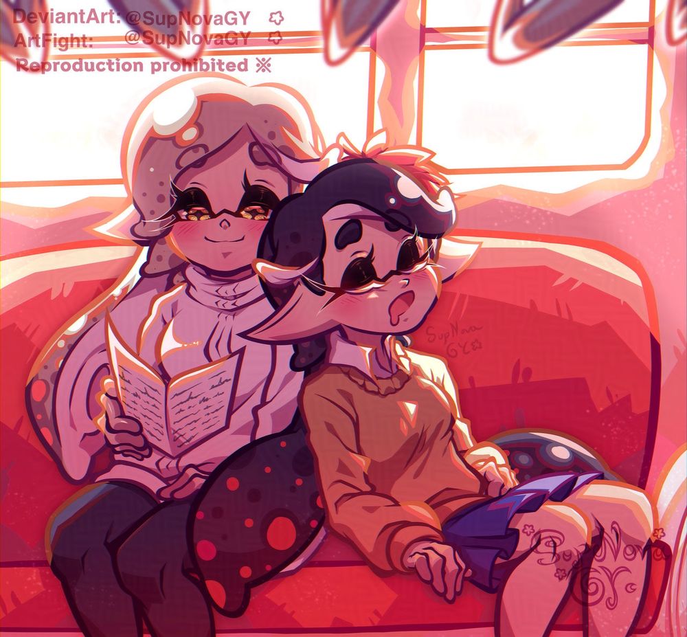 An illustration of the Squid Sisters in their causal before Grandfest outfits from Splatoon 3 promotional artwork, both idols are inside of a train; Callie is sleeping on Marie’s shoulder and Marie is reading a booklet  

Artwork was made on October 08, 2024
