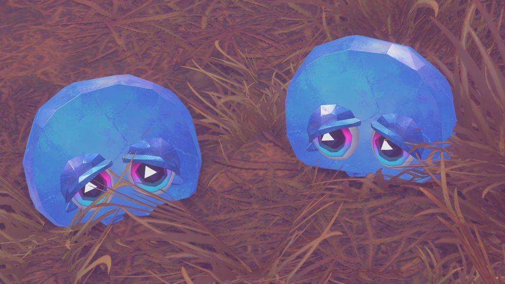 Screenshot from Donkey Kong Bananza on Nintendo Switch 2 of two little baby crystal things looking sad (I don’t forgot their official name sorry)