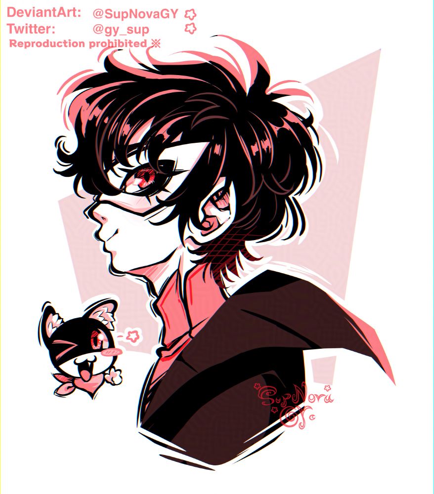 A monochromatic doodle of Joker aka Ren Amaniya or Akira Kurusu from Persona 5 series, the colors are red, black, light red and white

 You’re viewing him from a side view while he’s looking at the viewer smile while there’s a tiny chibi Morgana doing a peace sign while winking