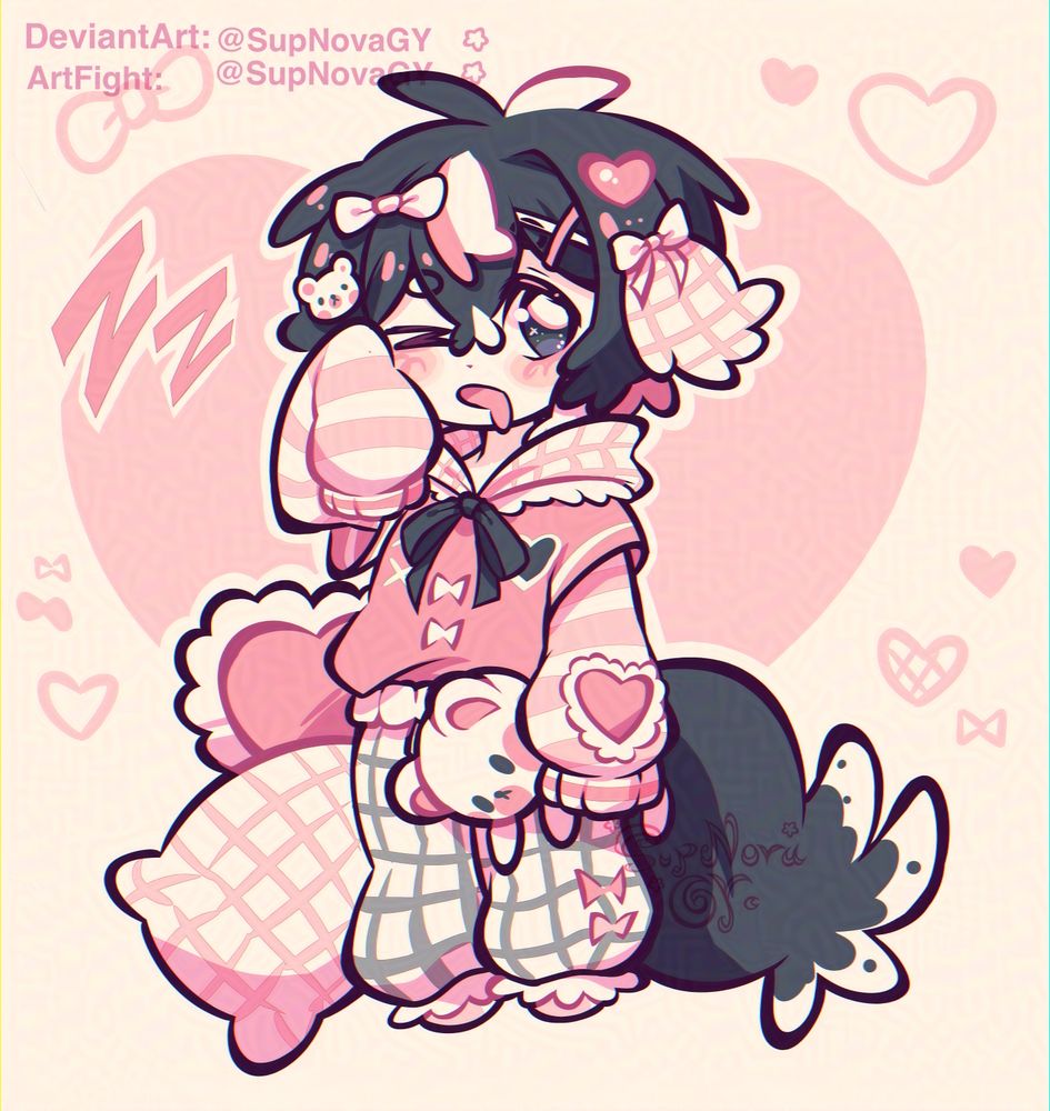 2025 ArtFight Art attack for cupidbiites: https://artfight.net/~cupidbiites

A full body chibi of a cutesy dog themed OC named Milo, he’s all pink, white and black in a harmonious color palette looking very sleepy with one hand ribbing his eye while the other hand is holding a white teddy bear