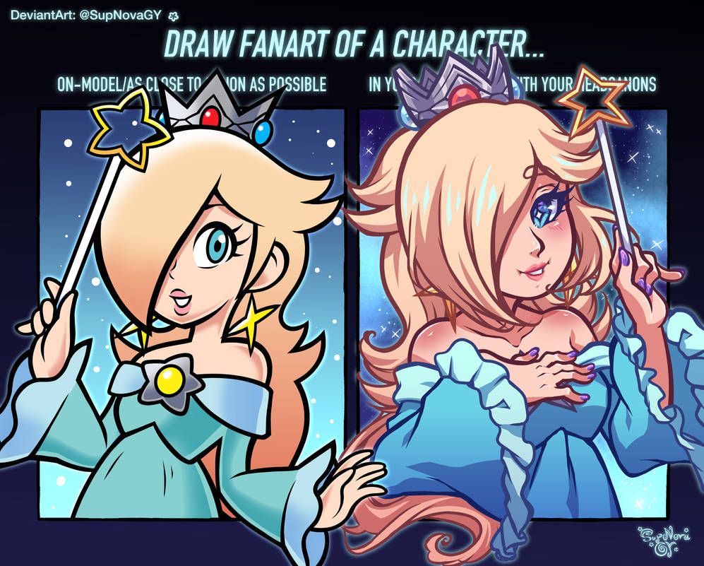 Meme template “Draw fanart of a character…” Left: “On-model/as close to canon as possible” Right “In your own style with your headcanons” of two Rosalina’s both drawn by me