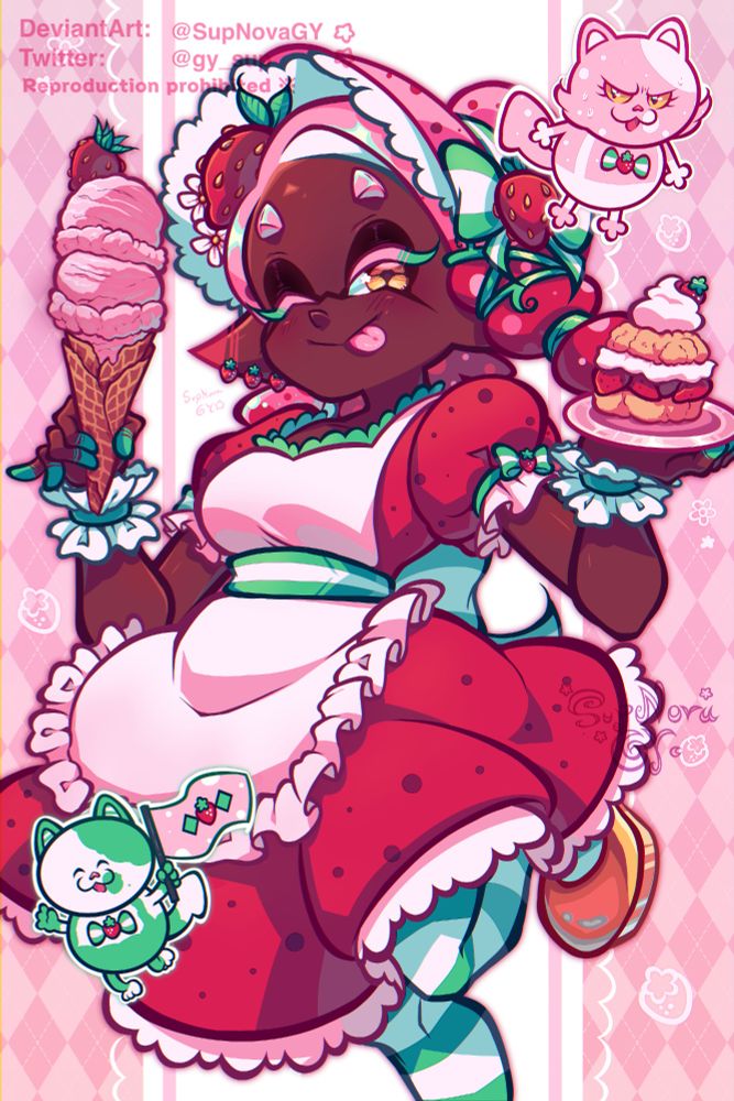 Frye from Splatoon 3 in a Strawberry ShortCake cosplay, “Strawberry FryeCake”. 

Lil Jud is Pupcake with a strawberry flag and Judd is Custard, he looks nervous hmm…

The background is fully pink with some strawberries and flowers around Frye

Artwork was made on November 02, 2024