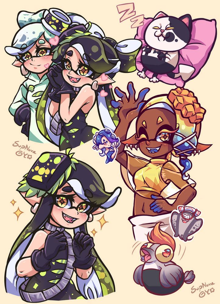 A fanart doodle batch of Splatoon 3 characters from Nintendo

The Squid Sisters at the top left corner looking excited about something, on the top right corner is Judd the cat is sleeping on a pink pillow, bottom left corner is Callie again looking excited with sparkles around her, bottom right corner is Frye waving and winking at the viewer with tiny chibis of Shiver also Big man around her, under Frye is a tiny silly smallfry 