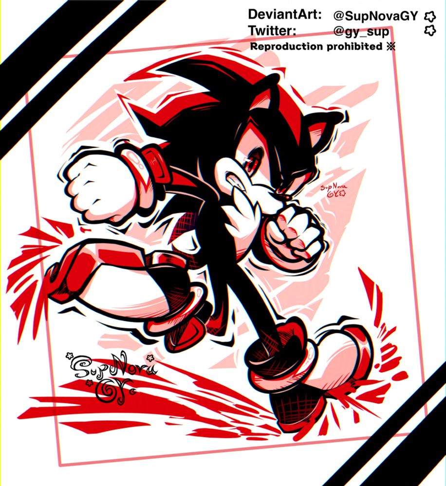 Shadow the hedgehog from SEGA fanart 

The entire artwork is in a limited color palette of white, red, light red and black for a certain look/aesthetic; he’s drawn a very specific pose based off a trending Sonic pose on both Bluesky and Twitter: https://x.com/poularxd/status/1901083734935323024?s=46

The pose is Shadow looks serious and a bit pissed off, he’s looking behind himself at the viewer while running the opposite direction; both hands are fists while having one foot upwards while the other is downwards