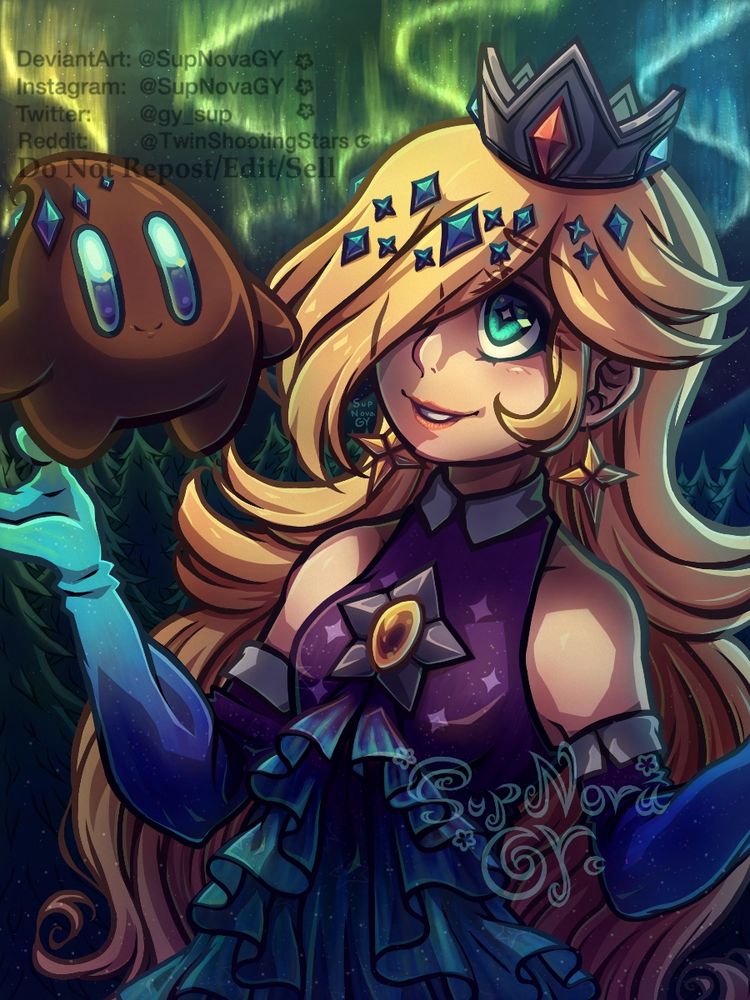 Aurora Rosalina with Polari wearing cyan crystals in an nighttime Aurora Forest setting  