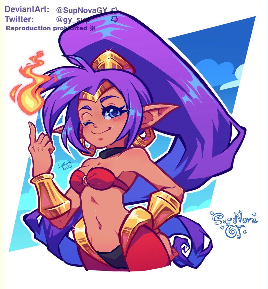 Shantae with a fire coming out of her finger, she’s winking at the viewer and there’s a blue sky behind her 