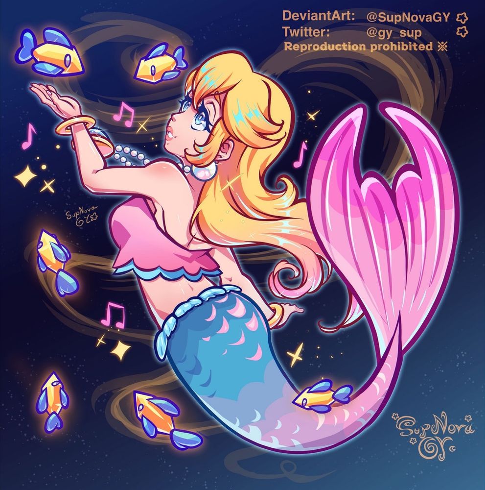 Princess Peach in her mermaid form from Princess Peach Showtime, she is singing to fish around her in a dark part of the sea; her singing is lighting up the fish and her atmosphere is sparkly

 Artwork was made on March 22nd, 2024