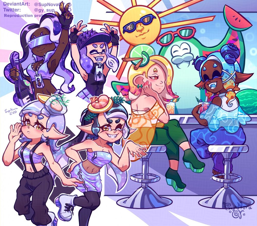 A huge doodle batch of all the Splatoon idols from Splatoon 3 in their Summer Nights Fest outfits 