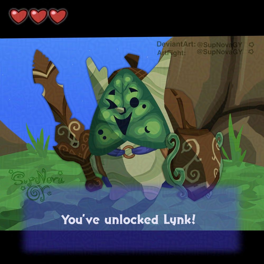 2025 ArtFight friendly fire for AnnaSwelle: https://artfight.net/~AnnaSwelle

A full body of Korok OC, Lynk drawn in the Artstyle of Legend of Zelda: Wind Waker as if it were a screenshot from the game itself, Lynk is small green Korok with two horns, a wooden Shield, wooden sword, wooden backpack and an acorn hat

They are standing in front of you holding a sword and shield with a text below saying “You’ve unlocked Lynk!”