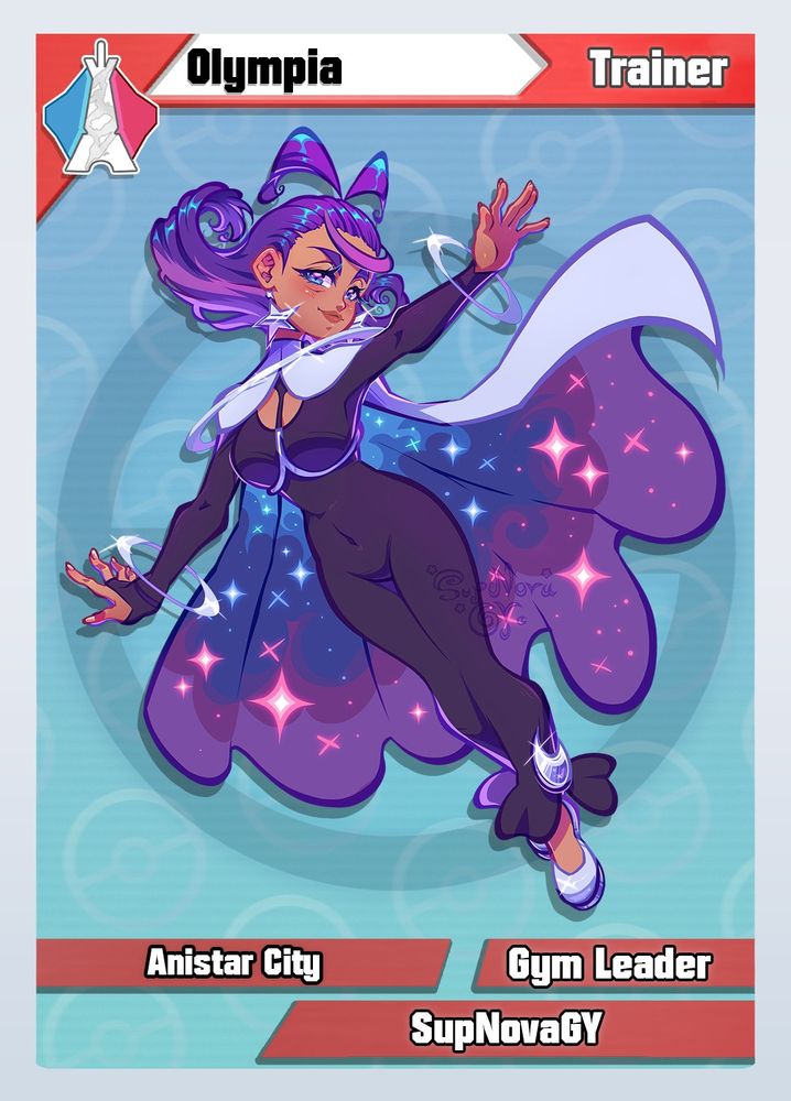 Trainer, Olympia from Pokémon 

She has a galaxy white cape, purple hair, tan skin, blue eyes, one piece black long dress and silver shoes; she’s currently floating in the air with both arms extended outward while looking confidently at the viewer 

