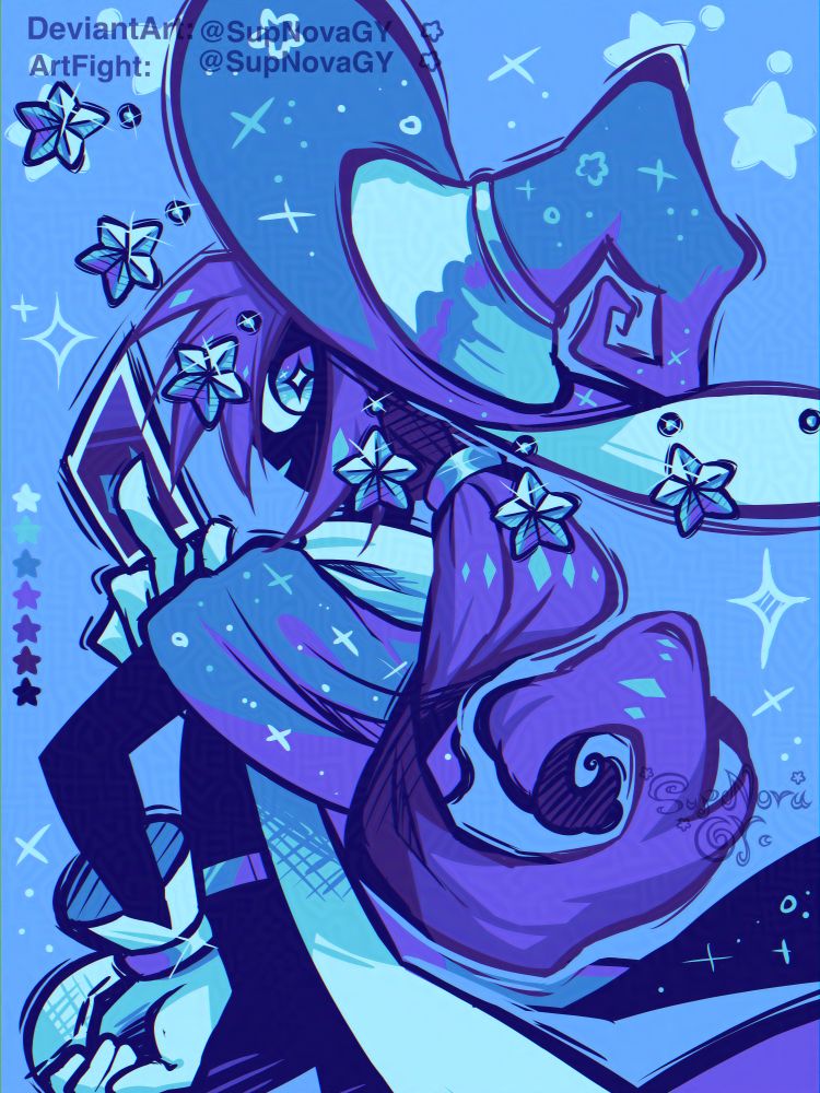 2025 ArtFight Art attack for LookDem: https://artfight.net/~LookDem

A half body monochromatic limited color palette artwork of colors of various blues, cyan and purples of a Star Magician themed OC. The viewer is seeing him from his backside while his eye is looking at the viewer with one hand holding a single card and the one resting of his thigh