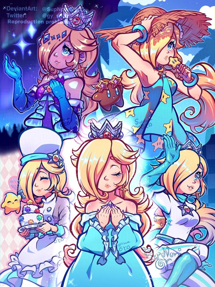 A huge collaboration of 5 Rosalina in different outfits I’ve drawn

 Middle bottom is classic Rosalina closing her eyes and having her hands over her chest, she’s also very sparkly. 

Bottom right is racer Rosalina looking at the viewer and waving. Bottom left is chef Rosalina with yellow luma showcasing a starbit cake.

 Top left is Aurora Rosalina admiring some blue sparkles next to her while in a starry Aurora night sky background. 

Top right is beach Rosalina with star shaped popsicle and Polari also there wearing star shaped sunglasses; both in a beach background with palm trees and clouds