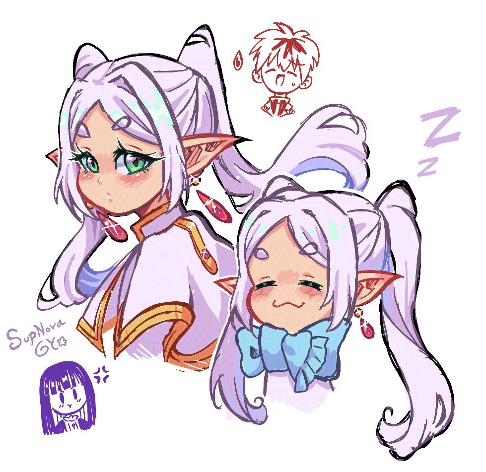 A batch of Frieren doodles drawn on a Magma canvas with two Frierens, chibi Fren and chibi Stark