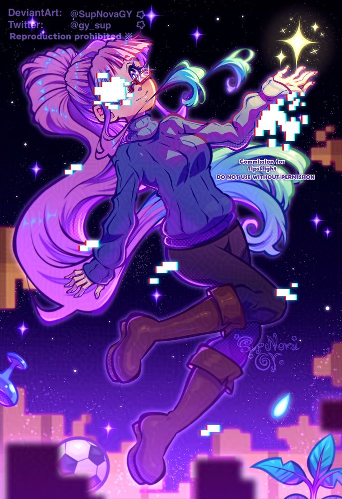 
Commission drawn for both TipsSlight and ToastieV of their original character, Katrielle

She is a glitch character with lavender purple hair with an ombré of turquoise green at the bottom in a pony tail with hime cut bangs, she wears a dark night blue sweater, black pants and brown long boots. 

She’s in a night sky background with purple sparkly stars with half glitched wooden walls, there’s random items such as a plant, scorer ball, glowing crystal and a plant vase. 

She is holding a sparkly yellow star in her left hand with the only light source being from it while a slight backlight purple from behind her. 