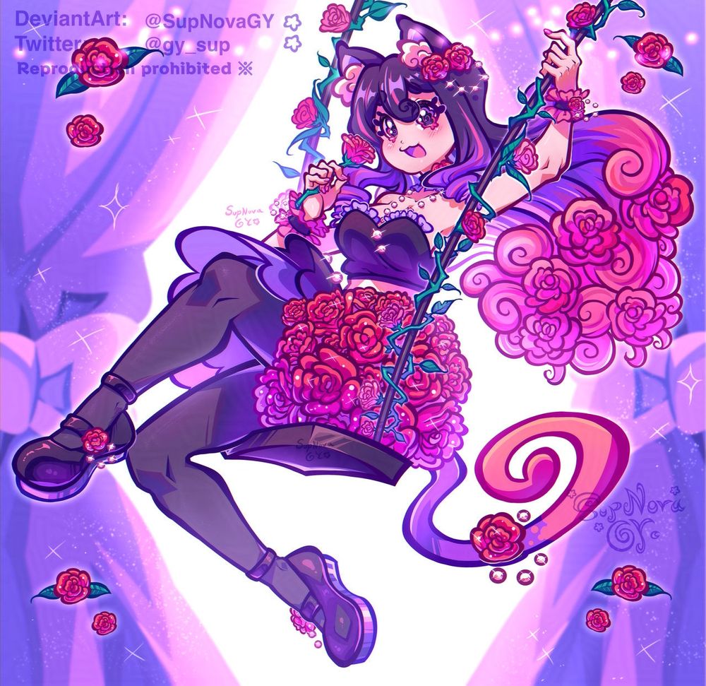 Artwork of my original character Poppy swinging on a rose swing in a rose outfit created by lalamlou.bsky.social as a gift for me, there’s many colors of pink, red, purple, white and purple