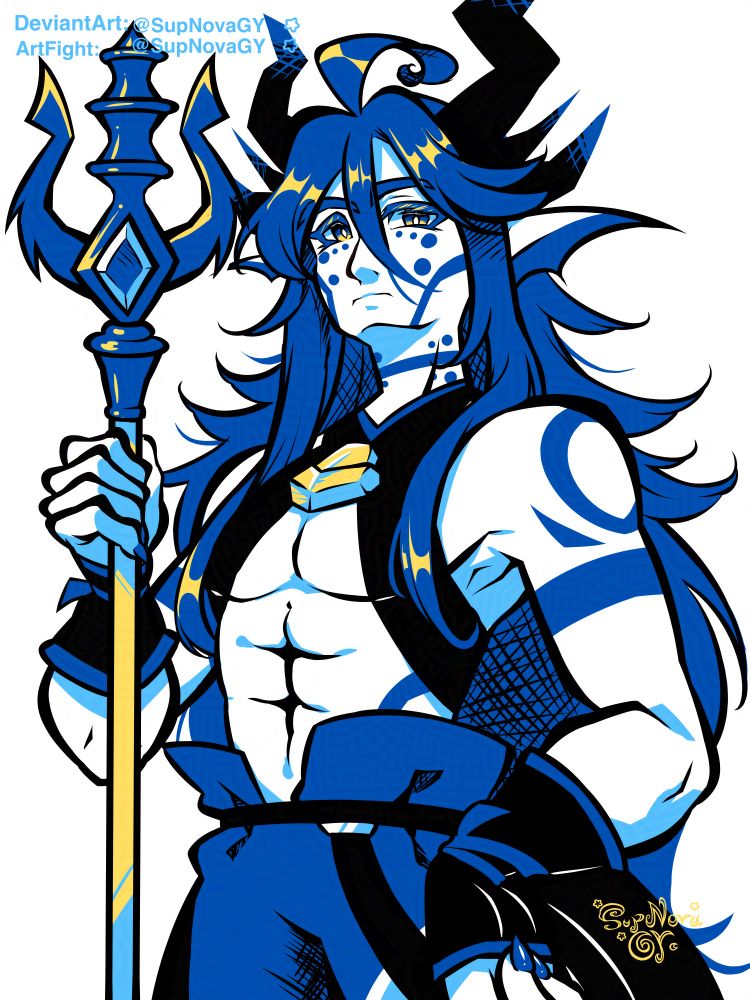 2025 ArtFight Art revenge for chqileaf: https://artfight.net/~chqileaf

A half body limited color palette artwork of blues, white, yellow and blank of a sea themed OC named, Tadahiro. He has long blue hair, light skin, blue sea themed eyes, black top, black pants, blue designed tattoos and a triton weapon in a white background 