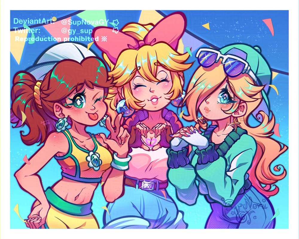 Princess Peach, Daisy and Rosalina from Mario Kart World

All girls are standing next to each other as if they were taking a photo together in a sky blue party like background with orange, pink and cyan confetti  surrounded them. Daisy o the left is winking at the viewer with her tongue sticking out while doing the peace sign, Peach in the middle has both eyes closed while making a heart with her hands at the viewer and Rosalina on the right is looking at the viewer while having both her hands gracefully together 