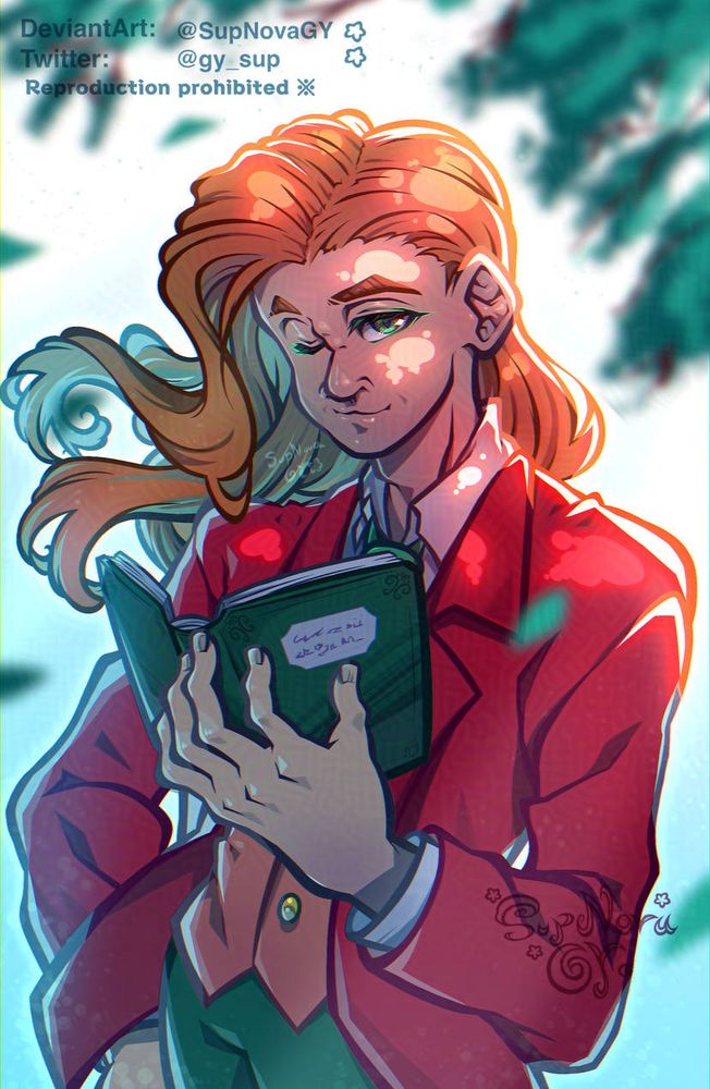 Art trade; Elliott from Stardew Vallery

He is wearing a red coat with green pants, also a light red shirt underneath with golden buttons; he has long flowy orange beautiful hair with green eyes and holding a green book

He’s winking at the viewer while in a breezy atmosphere of leafs and tree in front of him
