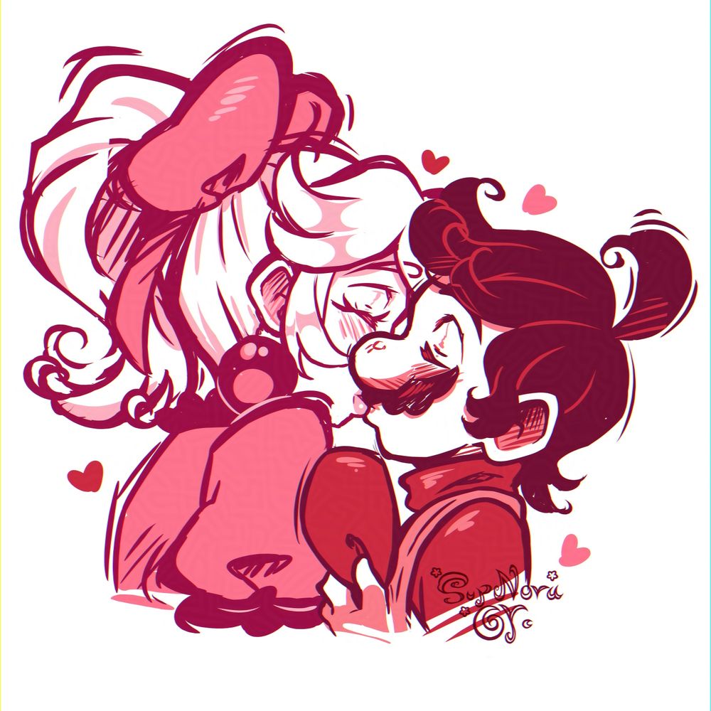 A monochromatic doodle in pink and red of Mario and Peach kissing each other on the lips 