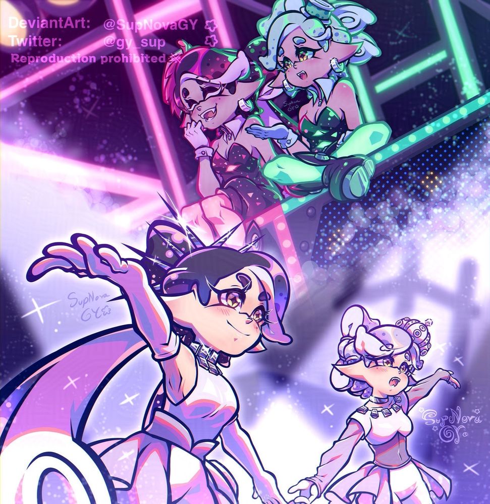The Squid Sisters from Splatoon in their Grandfest outfits performing on a stage with dramatic lighting and sparkles on the bottom of the image; the top is a nostalgic memory of the Squid Sisters in the their classic outfits talking to each other and enjoying each others company while sitting on the performance trucks