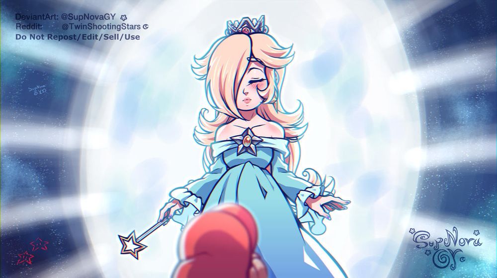 An artwork of Rosalina shinning bright before Mario, I redrawn scene from the first meeting of Rosalina in Super Mario Galaxy