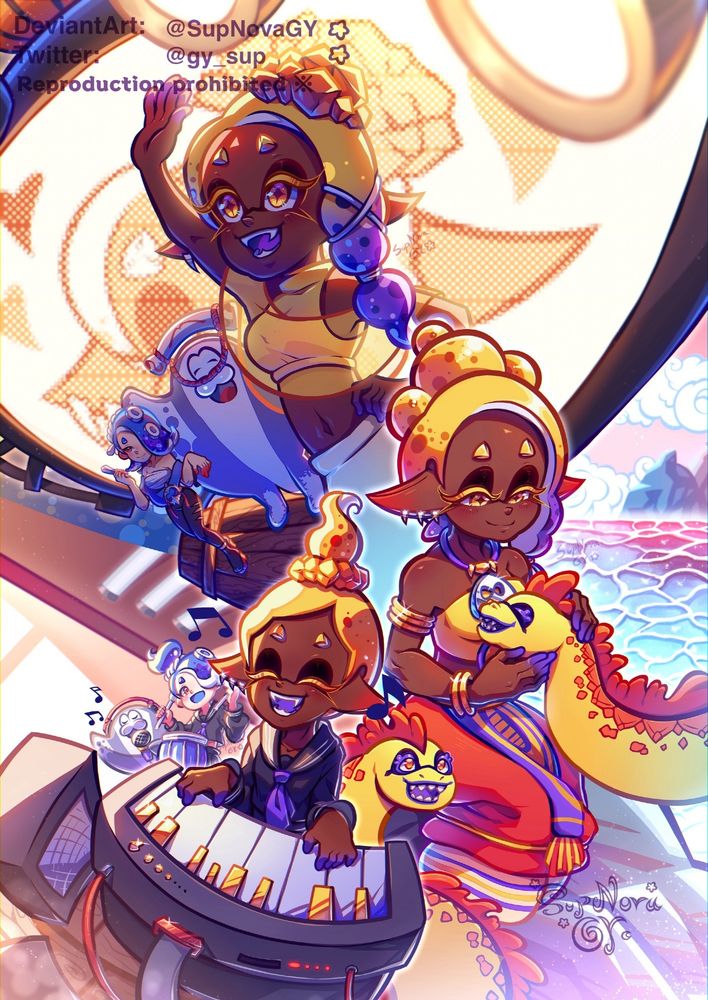 Fanart of Deep Cut from Splatoon 3 by Nintendo, a huge illustration of Frye through out her life

The bottom one is of young Frye and her young crew Deep Cut, Big Man and Shiver all practicing with instruments in a music class room, Frye looking very happy playing on a small electric piano while Shiver is drumming and Big man is singing in a microphone 

The middle one is of teen(?) Frye near a huge sea with mountains and beautiful blue sky, she’s sitting on a rock while caring for her eel friends

The top one is of the present Deep Cut crew, Frye, Shiver and Big Man all preforming on huge stage singing and dancing for a Splatfest being held