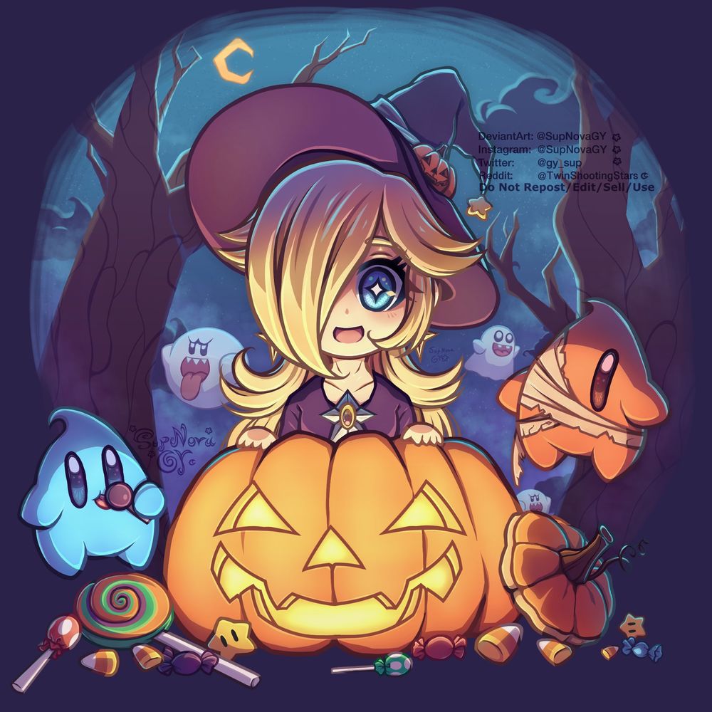 Fanart of Witch Rosalina from Mario Kart Tour by Nintendo as a chibi inside a huge spooky pumpkin, she’s surrounded by Lumas, candy and a spooky forest background behind her 