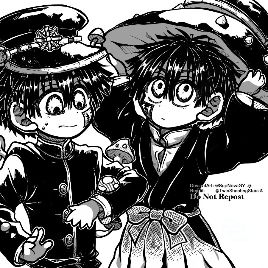 Hanako-Kun and Tsukasa Yugi both as chibis in a black and white monochromatic manga like art style, both brothers are confused due to mushrooms on them; Tsukasa is wearing a big mushroom hat and Hanako-Kun is disturbed with tiny mushrooms attached to his arms

Artwork was made on November 12th, 2020  