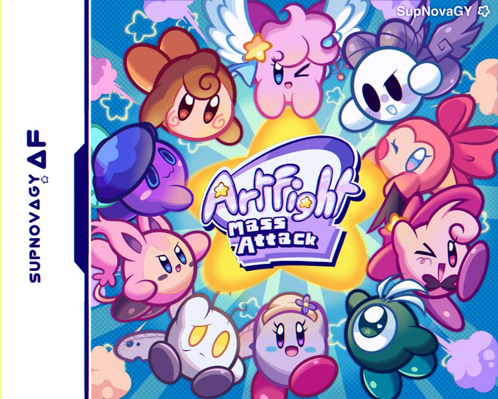 2025 Artfight Mass Attack of a only Kirby fanmade themed OCs

The artwork is very heavily inspired of an official artwork by the game “Kirby Mass Attack for Nintendo DS”, it was recreated artwork with the fanmade Kirby OCs as if they were in the game itself

All Kirby OCs are in a circle surrounded by a huge yellow glowing star with a purple and white logo saying “ArtFight Mass Attack” in a blue starry background, there’s also a white vertical border on the left side with words saying “SUPNOVAGY AF”

All OC credits here: https://artfight.net/attack/12673581.artfight-mass-attack