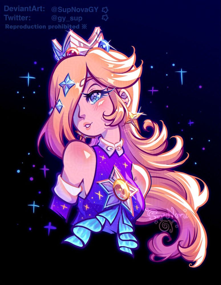 An artwork of Aurora Rosalina from Mario Kart Tour and Mario Kart World by Nintendo, she’s looking at the viewer very gracefully with a strong white lighting behind her creating a dramatic effect, she’s in a black background with purple, magenta and cyan sparkles