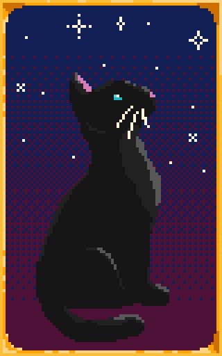 pixel art picture of a black cat sitting and looking up, with stars in the background, the picture is framed with a golden like frame